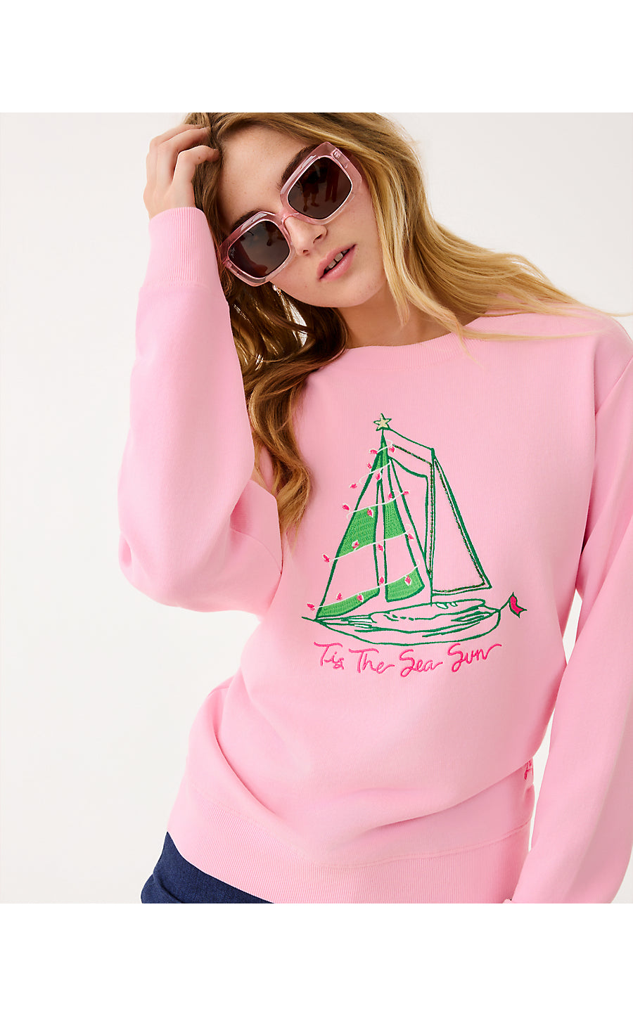 BALLAD LONG SLEEVE SWEATSHIRT, MULTI HOLIDAY PARTY BOAT EMBELLISHMENT