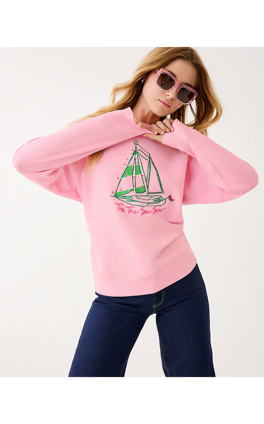 BALLAD LONG SLEEVE SWEATSHIRT, MULTI HOLIDAY PARTY BOAT EMBELLISHMENT
