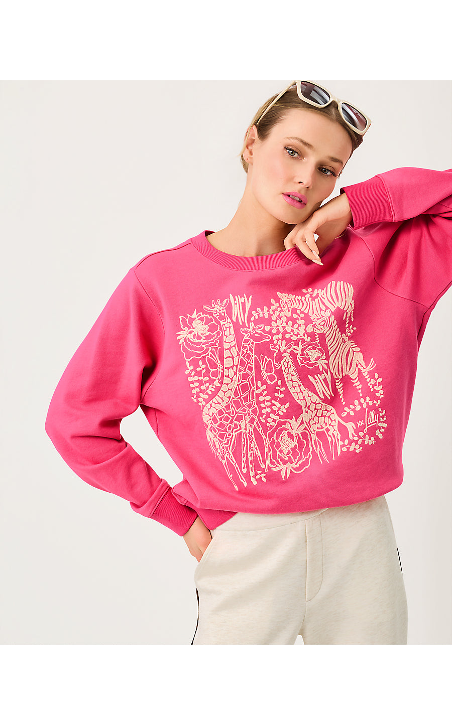 BALLAD LONG SLEEVE SWEATSHIRT, PINK ASTER SAFARI EMBROIDERY