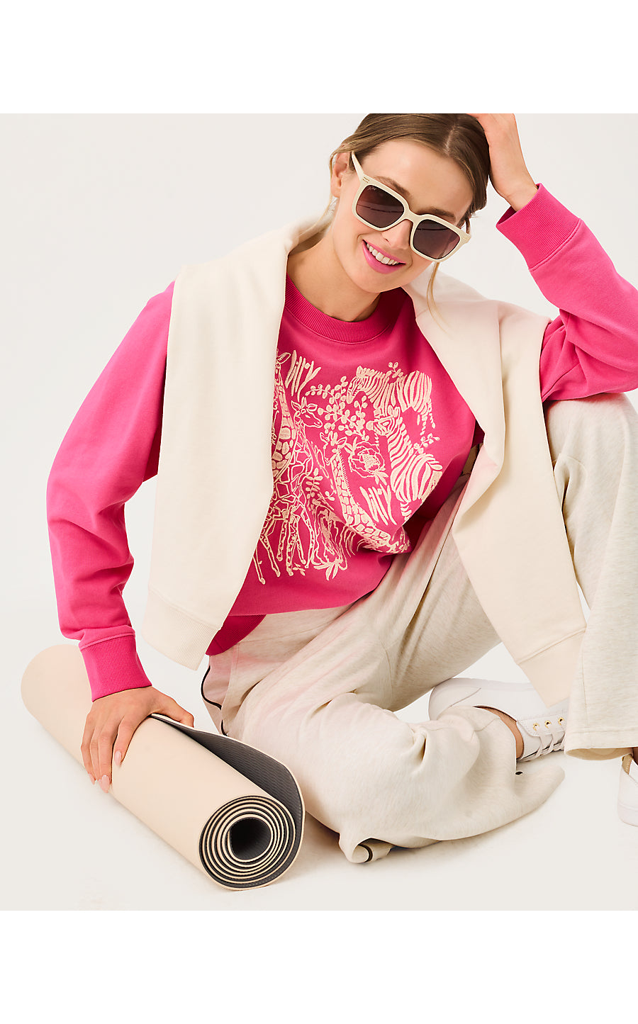 BALLAD LONG SLEEVE SWEATSHIRT, PINK ASTER SAFARI EMBROIDERY