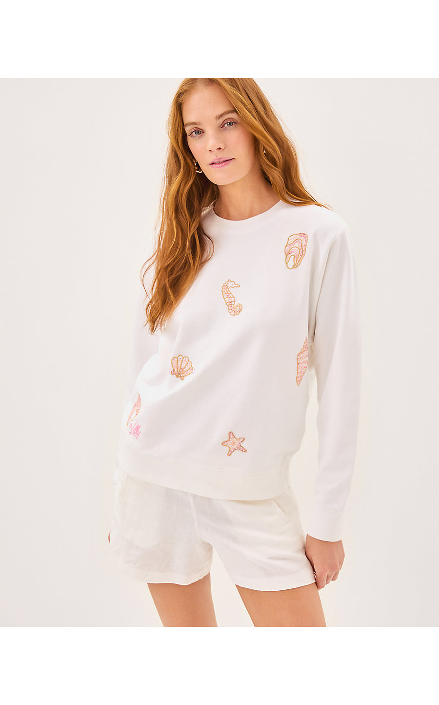 BALLAD LONG SLEEVE SWEATSHIRT, RESORT WHITE COOL AS SHELL EMBROIDERY