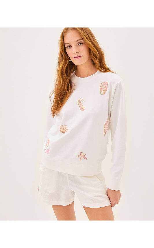 BALLAD LONG SLEEVE SWEATSHIRT, RESORT WHITE COOL AS SHELL EMBROIDERY