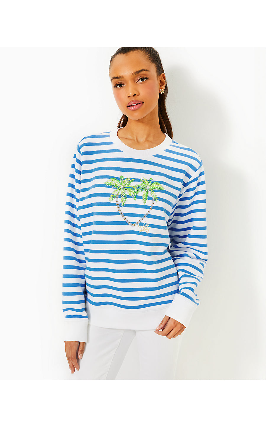 BALLAD LONG SLEEVE SWEATSHIRT, BLUE STREAM STRIPE TWIN PALMS EMBELLISHMENT