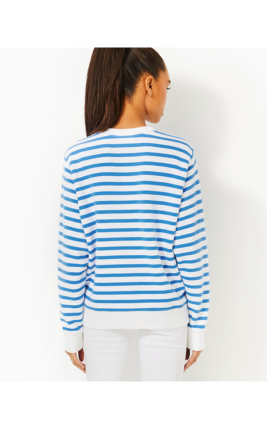 BALLAD LONG SLEEVE SWEATSHIRT, BLUE STREAM STRIPE TWIN PALMS EMBELLISHMENT