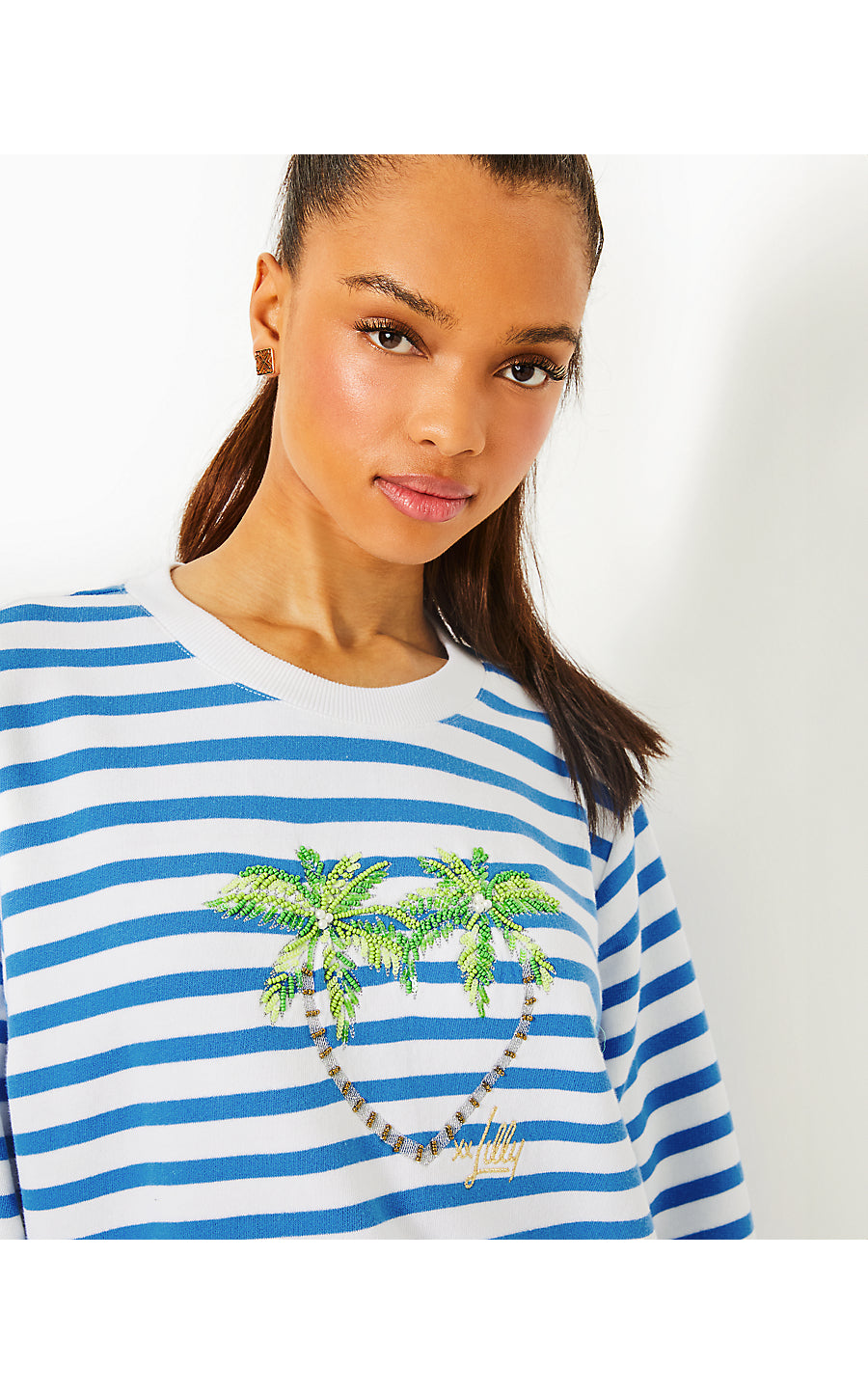 BALLAD LONG SLEEVE SWEATSHIRT, BLUE STREAM STRIPE TWIN PALMS EMBELLISHMENT