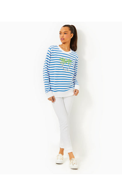 BALLAD LONG SLEEVE SWEATSHIRT, BLUE STREAM STRIPE TWIN PALMS EMBELLISHMENT