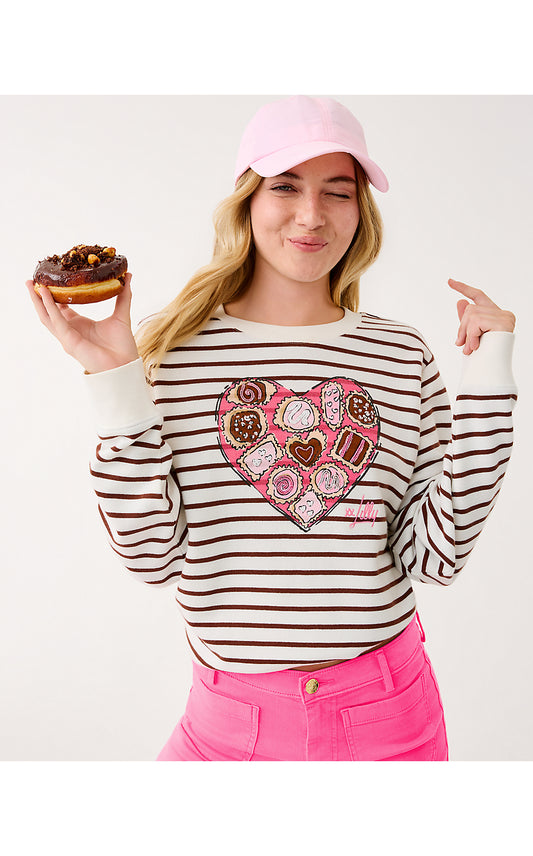 BALLAD LONG SLEEVE SWEATSHIRT, FRENCH ROAST BOX OF CHOCOLATES EMBELLISHMENT