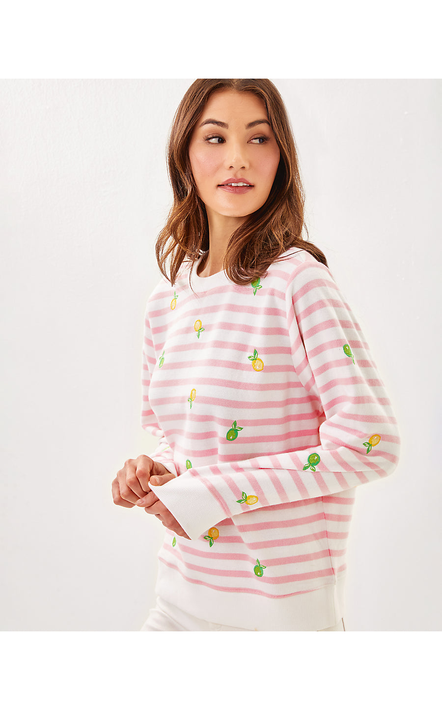 BALLAD LONG SLEEVE SWEATSHIRT, PINK MUSE X RESORT WHITE MAKE LIMEADE HALF DROP EMBROIDERY