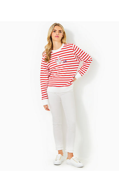 BALLAD LONG SLEEVE SWEATSHIRT, ROCOCO RED COASTAL STRIPE STARFISH EMBELLISHMENT