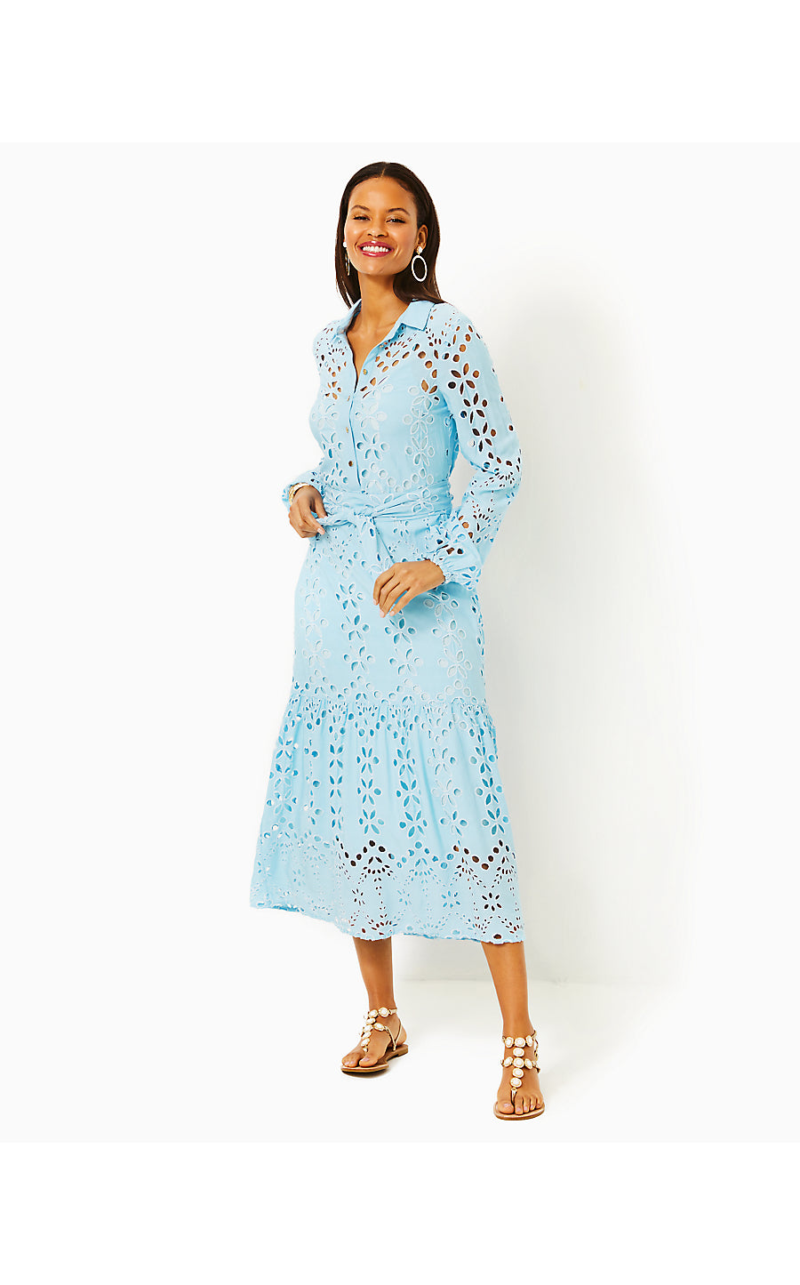 ZIA LONG SLEEVE EYELET MIDI SHIRTDRESS, HYDRA BLUE SOIREE EYELET