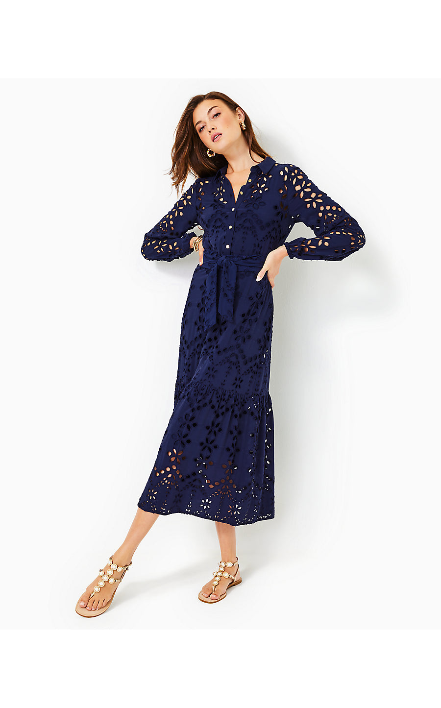 ZIA LONG SLEEVE EYELET MIDI SHIRTDRESS, TRUE NAVY SOIREE EYELET