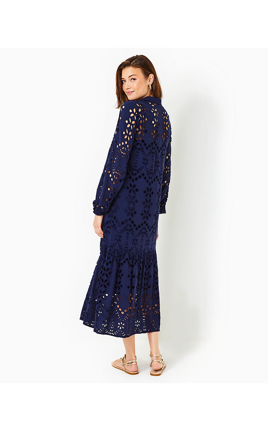 ZIA LONG SLEEVE EYELET MIDI SHIRTDRESS, TRUE NAVY SOIREE EYELET