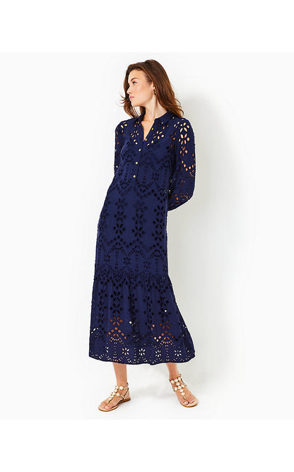 ZIA LONG SLEEVE EYELET MIDI SHIRTDRESS, TRUE NAVY SOIREE EYELET