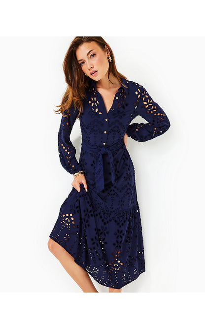 ZIA LONG SLEEVE EYELET MIDI SHIRTDRESS, TRUE NAVY SOIREE EYELET