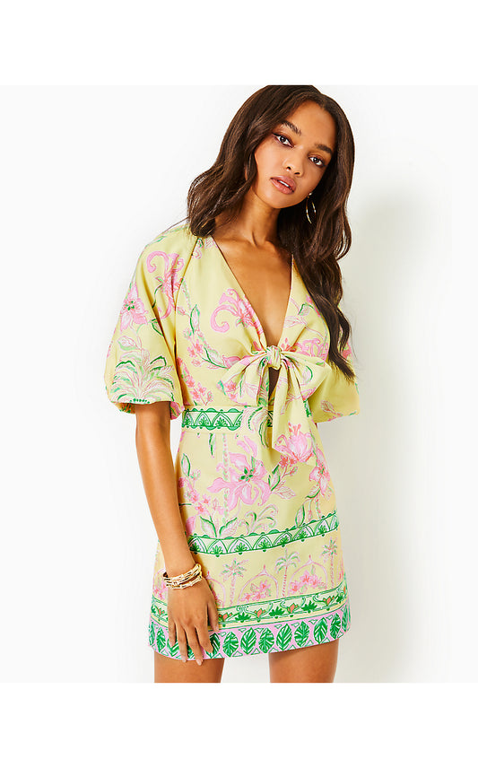 SOUMYA SHORT-SLEEVE ROMPER, FINCH YELLOW TROPICAL OASIS ENGINEERED ROMPER