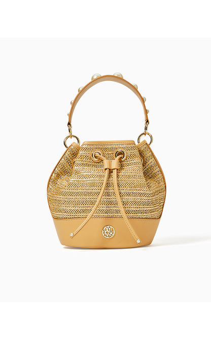 ARLY STRAW BUCKET BAG, GOLD METALLIC