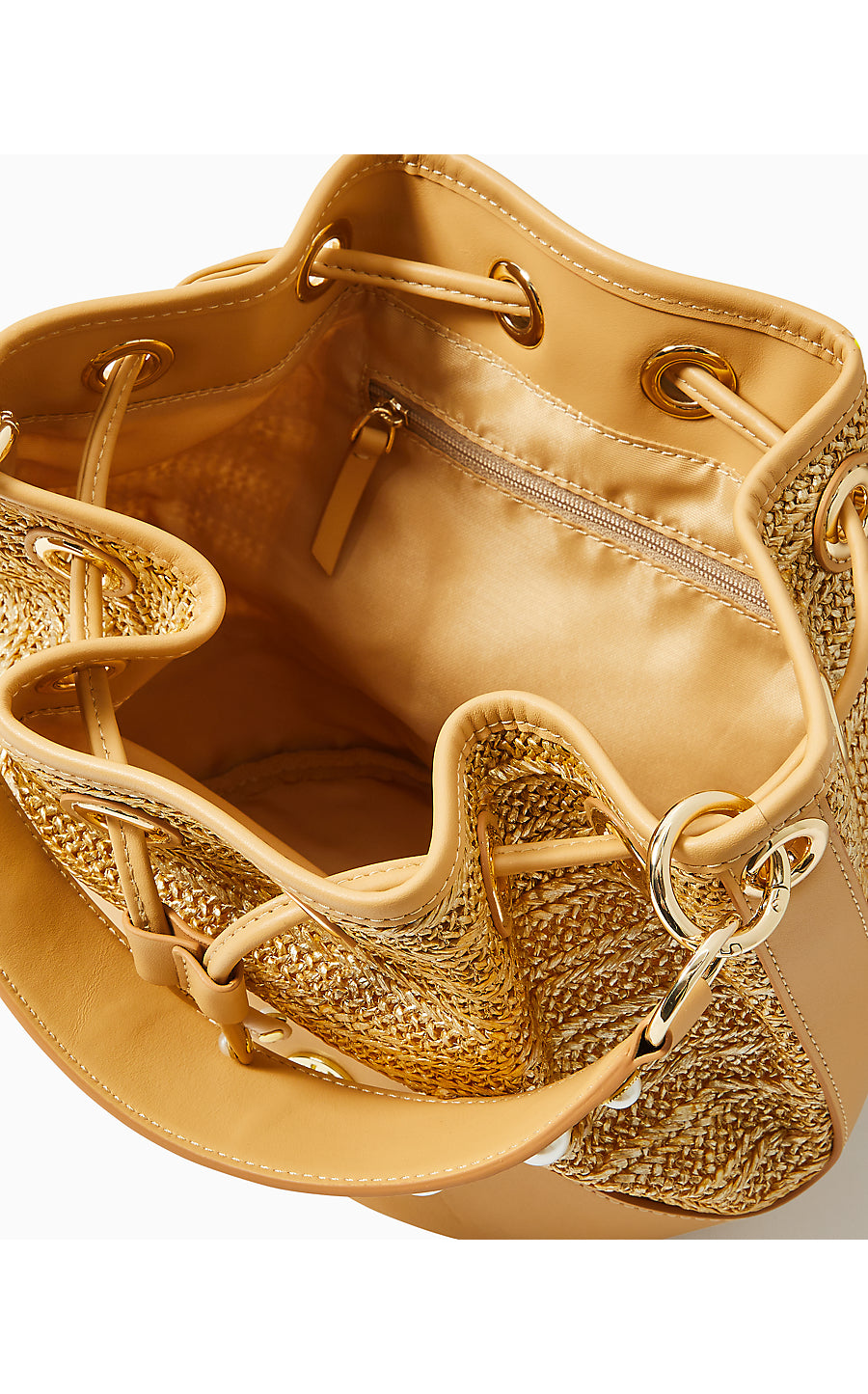 ARLY STRAW BUCKET BAG, GOLD METALLIC