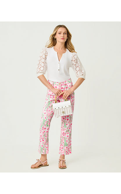 ANNET HIGH RISE CROP FLARE JEAN, CONCH SHELL PINK SUNNY DAISIES