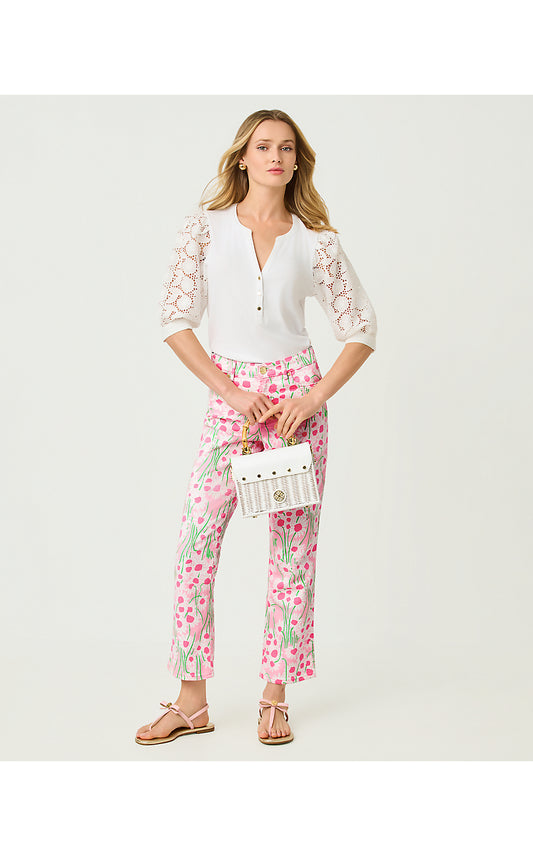 ANNET HIGH RISE CROP FLARE JEAN, CONCH SHELL PINK SUNNY DAISIES