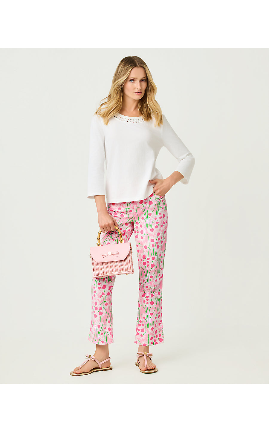 ANNET HIGH RISE CROP FLARE JEAN, CONCH SHELL PINK SUNNY DAISIES