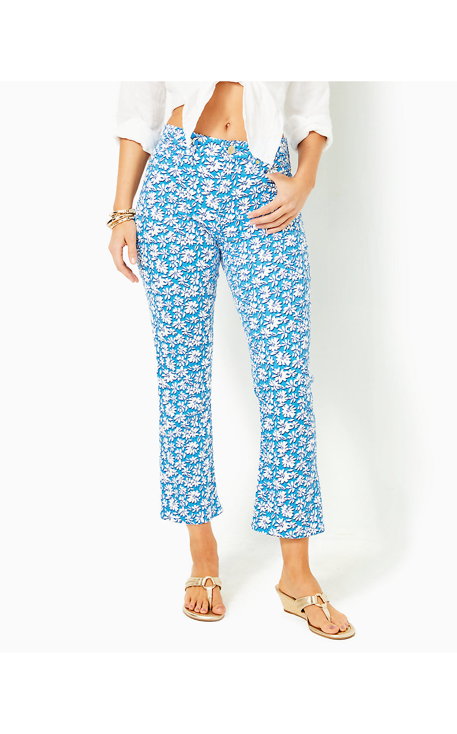 ANNET HIGH RISE CROP FLARE JEANS, LUNAR BLUE PALM BEACH PETALS