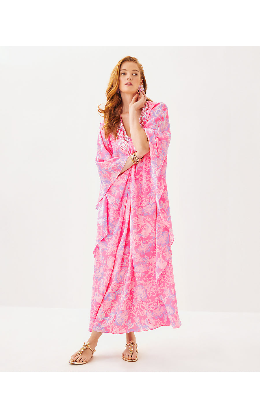 MINDY BEADED SILK MAXI CAFTAN, ROUSSEAU PINK ZEN GARDEN