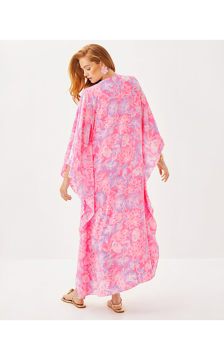 MINDY BEADED SILK MAXI CAFTAN, ROUSSEAU PINK ZEN GARDEN