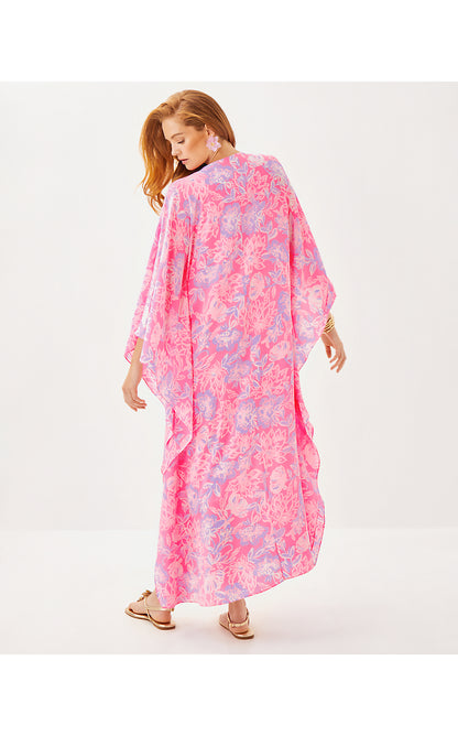 MINDY BEADED SILK MAXI CAFTAN, ROUSSEAU PINK ZEN GARDEN