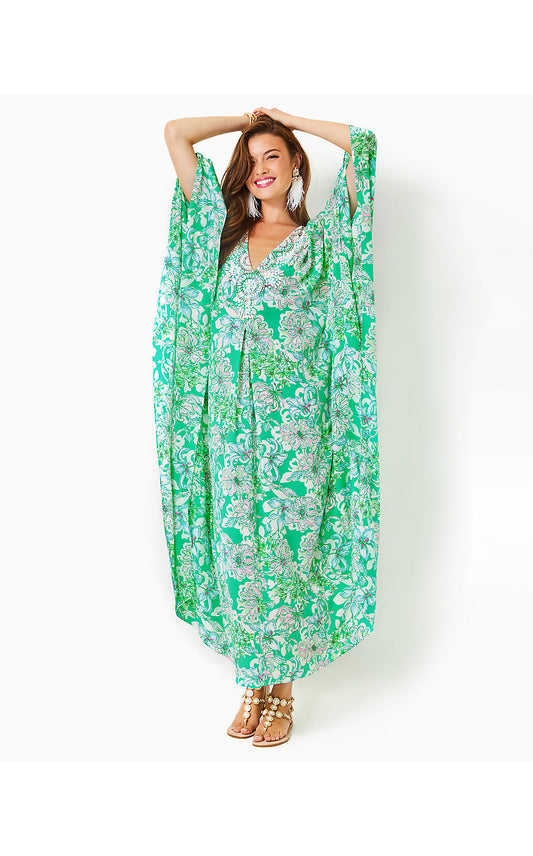 MINDY BEADED SILK MAXI CAFTAN, SPEARMINT BLOSSOM VIEWS