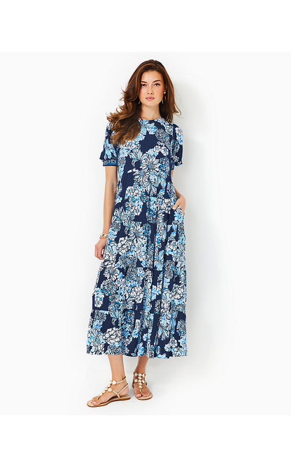 AMEILIA ELBOW SLEEVE MIDI DRESS, LOW TIDE NAVY BOUQUET ALL DAY ENGINEERED WOVEN DRESS