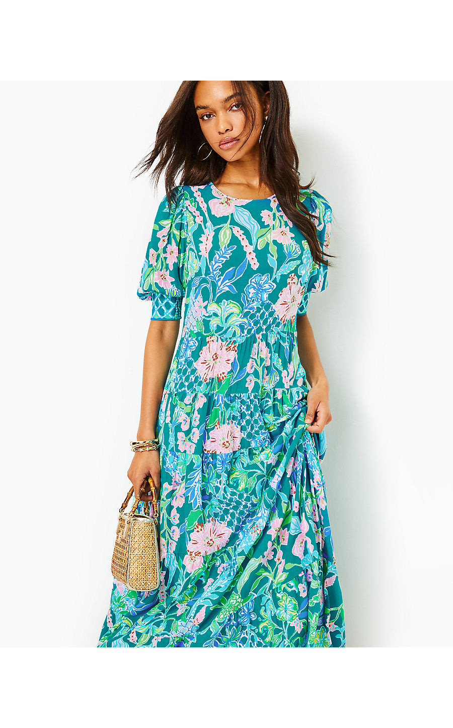 AMEILIA ELBOW SLEEVE MIDI DRESS, MULTI HOT ON THE VINE ENGINEERED WOVEN DRESS