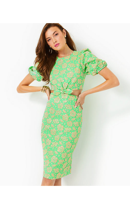 MELINA SHORT SLEEVE JACQUARD DRESS, SPEARMINT PALM BEACH PETALS BROCADE