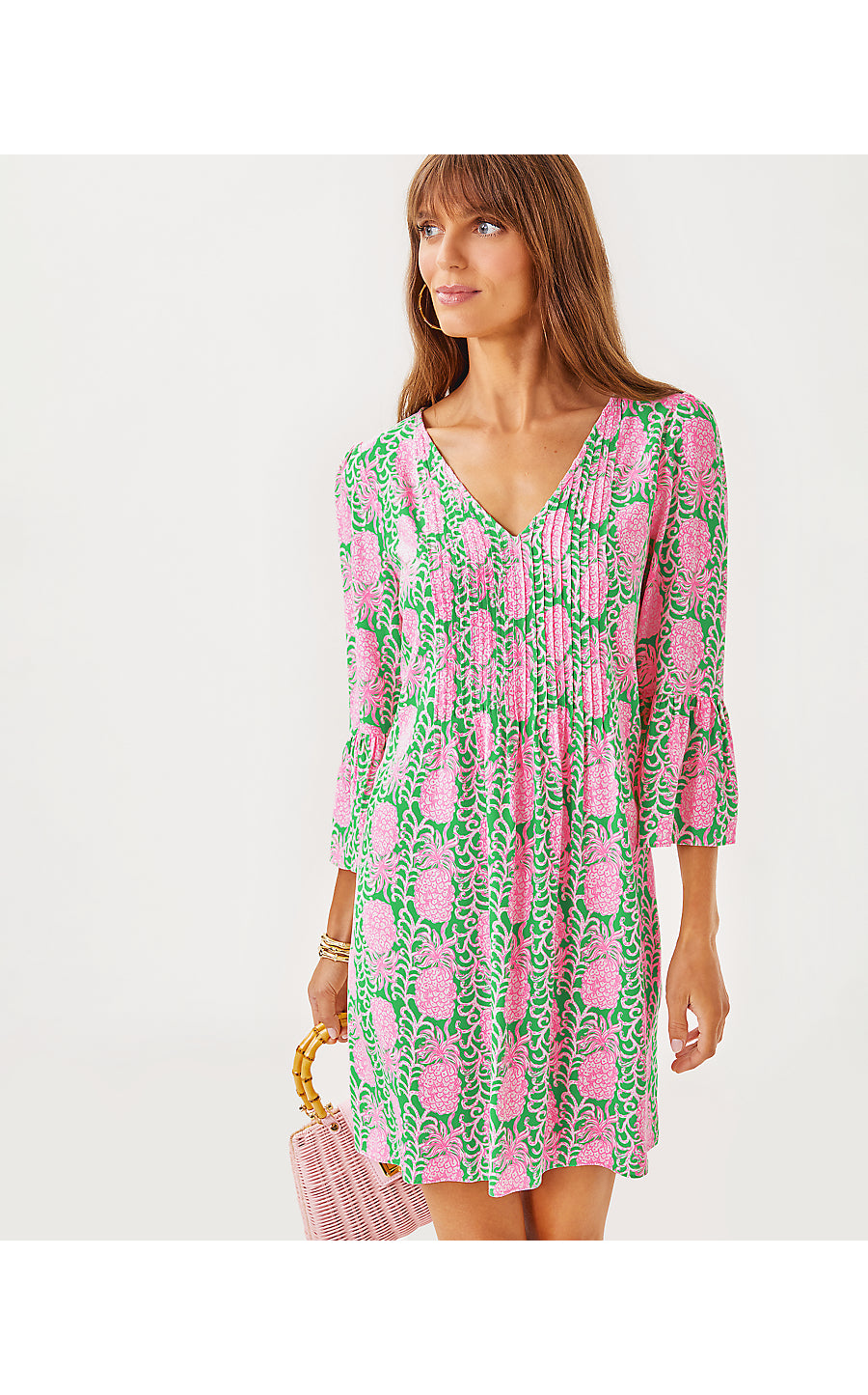DANIKA 3/4 SLEEVE TUNIC DRESS, FAUNA GREEN PARTY LIKE A PINEAPPLE