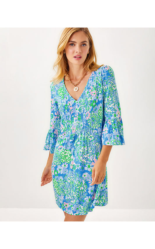 DANIKA 3/4 SLEEVE TUNIC DRESS, SUNWASHED BLUE PLUMES IN BLOOM