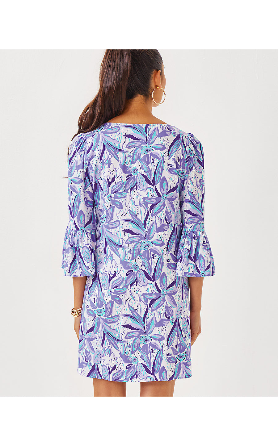 DANIKA 3/4 SLEEVE TUNIC DRESS, TROPICALIA PURPLE ELEPHANT IN THE BLOOM