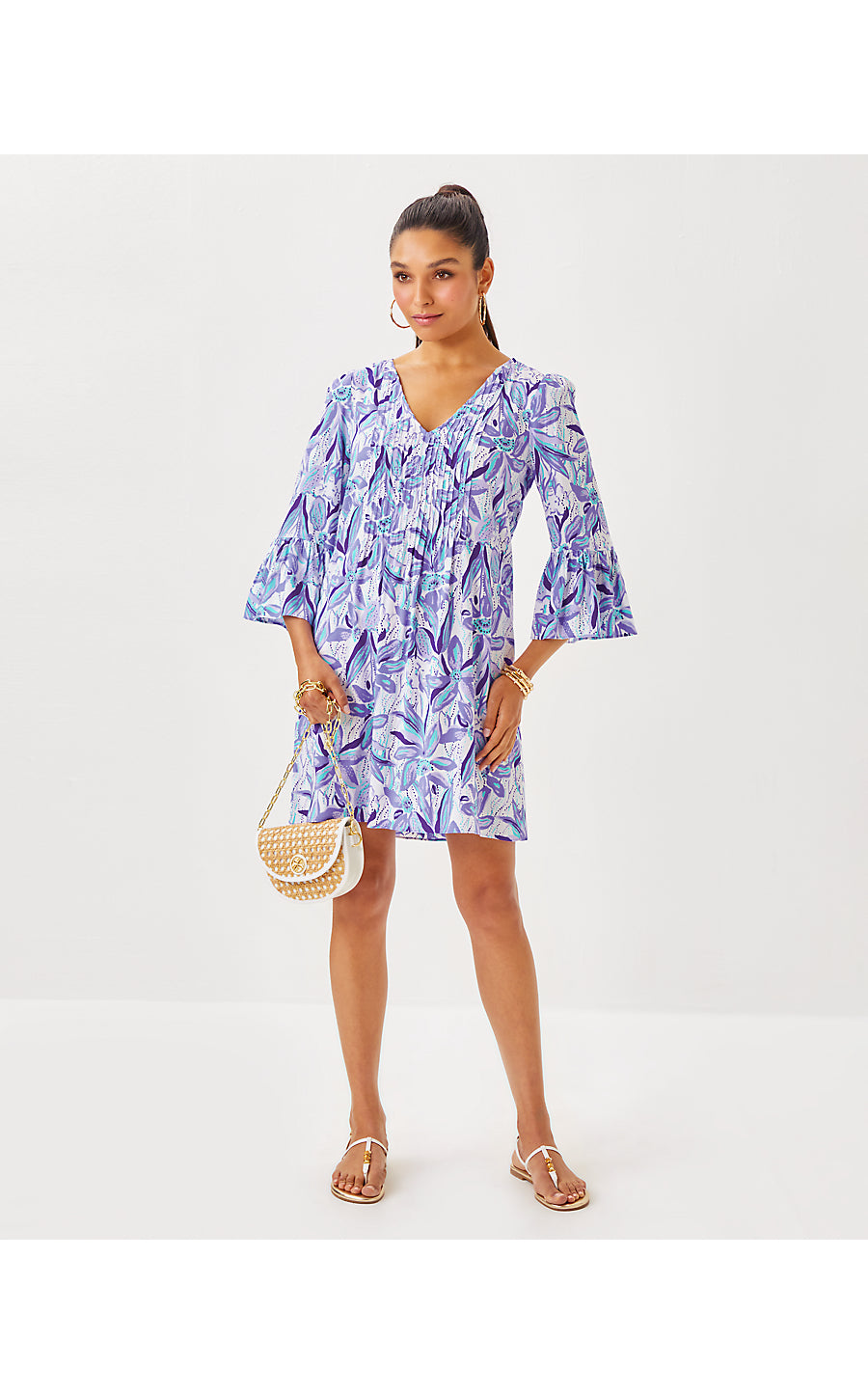 DANIKA 3/4 SLEEVE TUNIC DRESS, TROPICALIA PURPLE ELEPHANT IN THE BLOOM