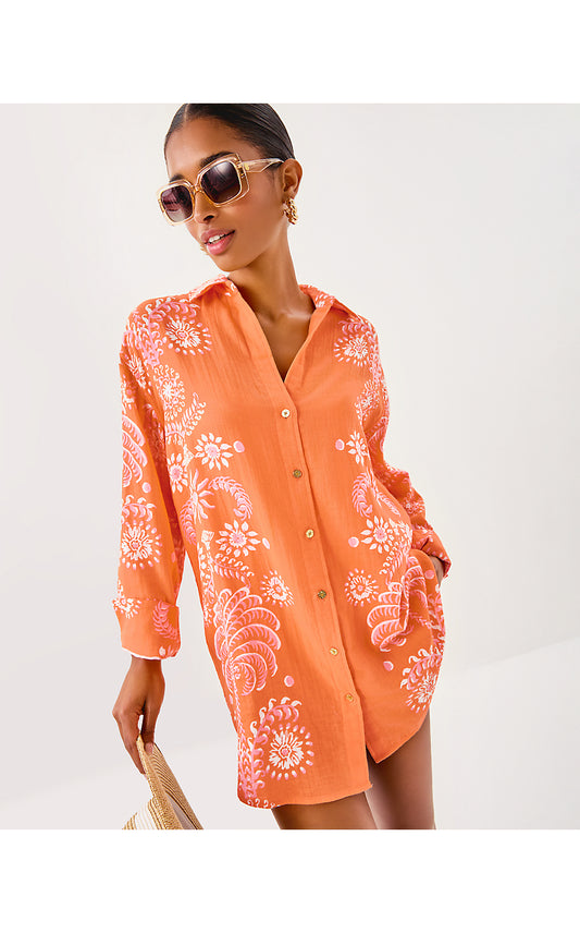 KWITNEY LONG-SLEEVE COVERUP, PAPAYA BREEZY PALM ENGINEERED COVERUP