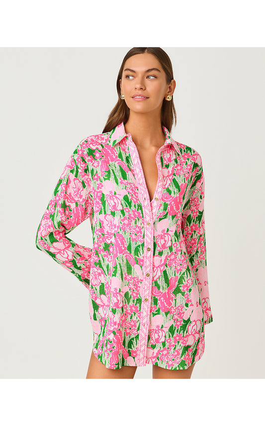 KWITNEY EMBROIDERED LONG SLEEVE COVER UP, PUTTING GREEN HANNAH ENGINEERED COVERUP
