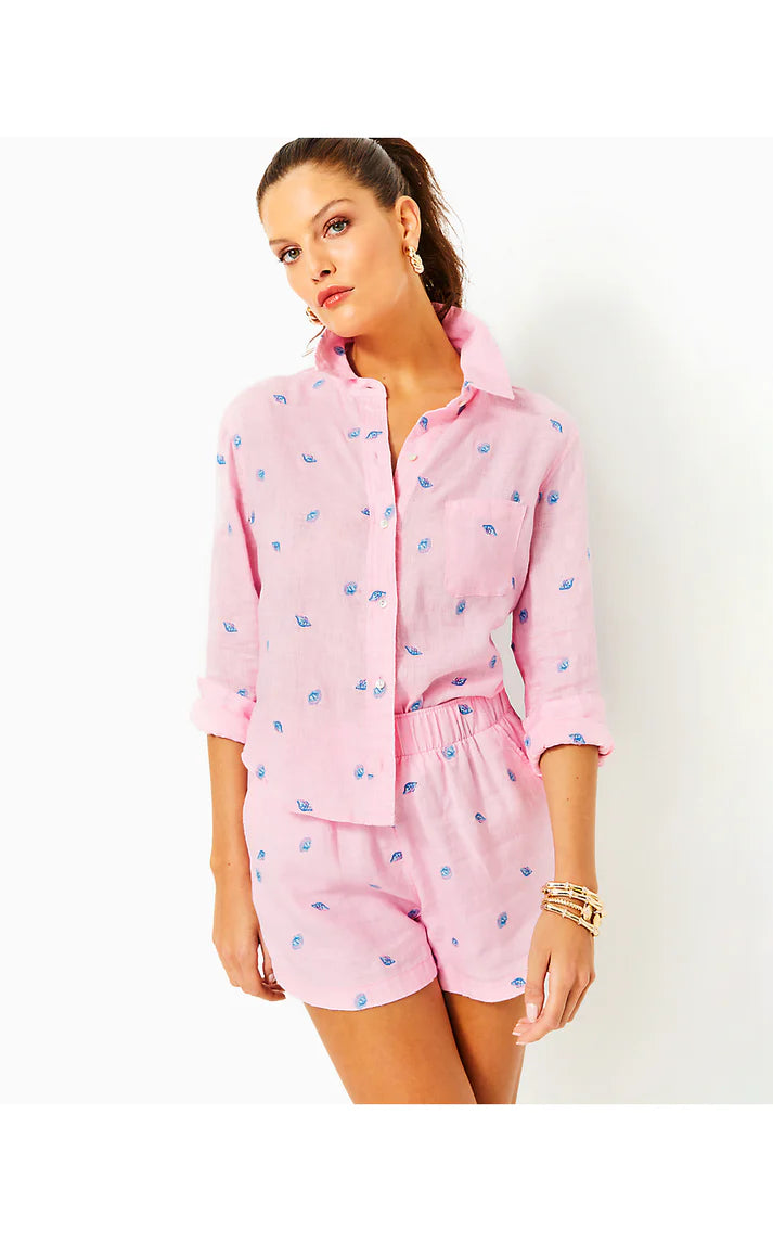 CORALYNN BUTTON DOWN, CONCH SHELL PINK GONE SHELLIN EMBROIDERY