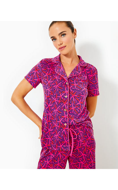 PJ KNIT SS BUTTON-UP TOP, PASSION FRUIT PINK STAR SEARCHING