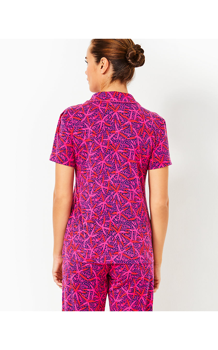 PJ KNIT SS BUTTON-UP TOP, PASSION FRUIT PINK STAR SEARCHING