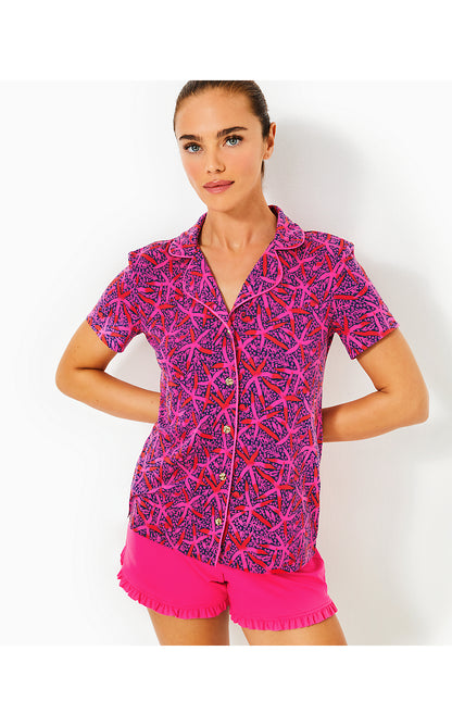 PJ KNIT SS BUTTON-UP TOP, PASSION FRUIT PINK STAR SEARCHING