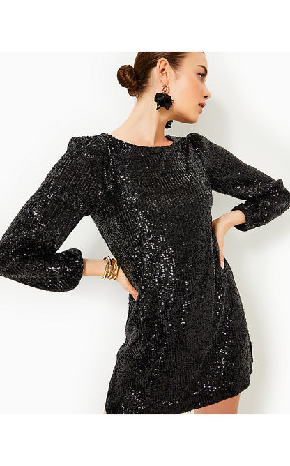 NICOLINE LONG-SLEEVE ROMPER, NOIR TREASURE BOX SEQUIN KNIT