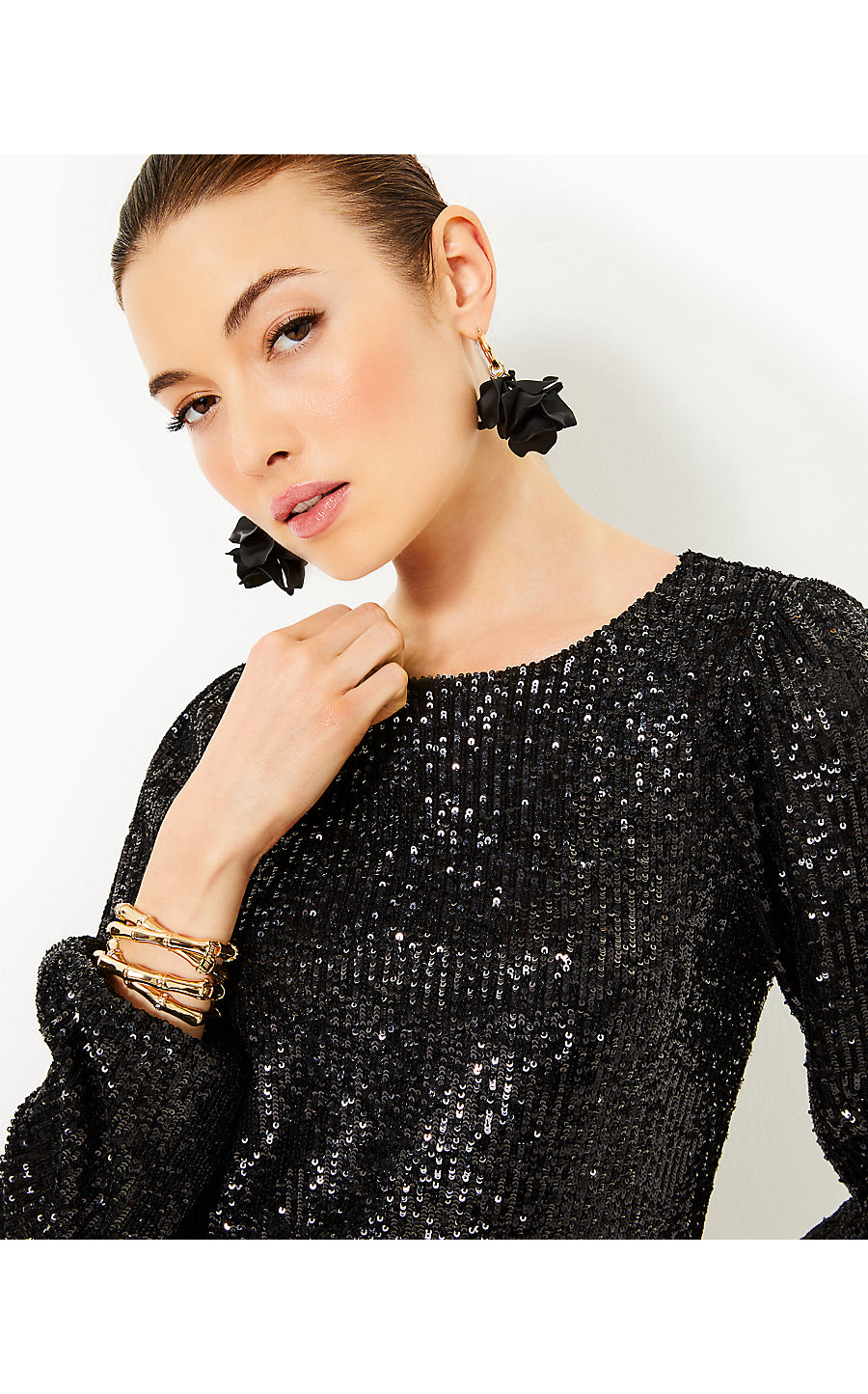 NICOLINE LONG-SLEEVE ROMPER, NOIR TREASURE BOX SEQUIN KNIT