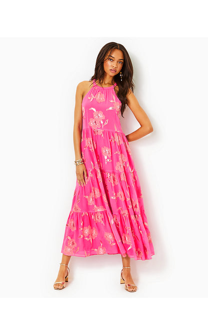 BECCALYN SILK BLEND HALTER DRESS, ROXIE PINK ANNIVERSARY SILK CLIP