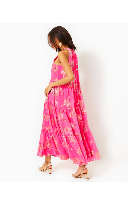 BECCALYN SILK BLEND HALTER DRESS, ROXIE PINK ANNIVERSARY SILK CLIP