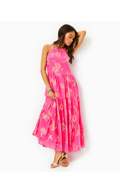 BECCALYN SILK BLEND HALTER DRESS, ROXIE PINK ANNIVERSARY SILK CLIP