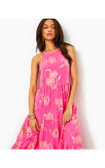 BECCALYN SILK BLEND HALTER DRESS, ROXIE PINK ANNIVERSARY SILK CLIP