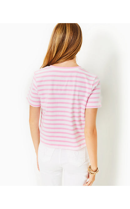 KEENAN KNIT TOP, CONCH SHELL PINK STRIPED LILLY PULITZER EMBELLISHED TOP