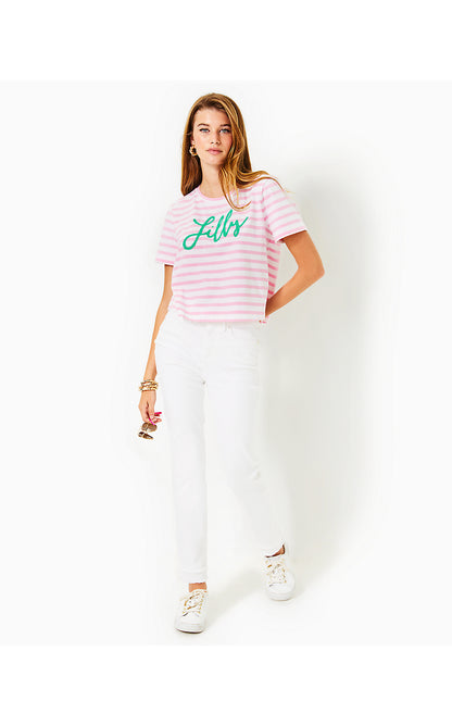 KEENAN KNIT TOP, CONCH SHELL PINK STRIPED LILLY PULITZER EMBELLISHED TOP